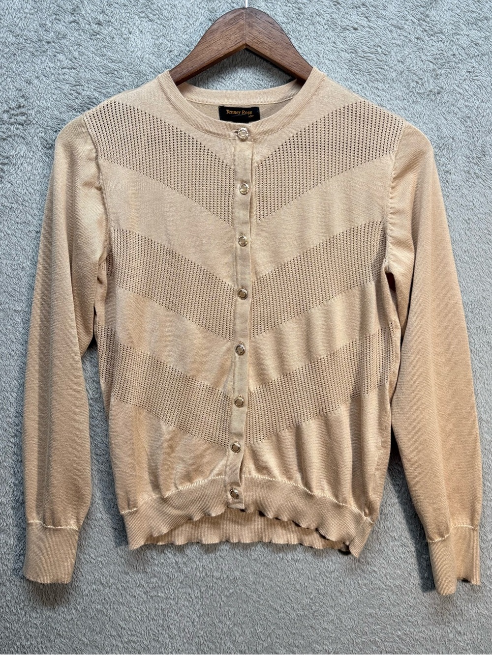 Tenney Rose Tan Open Knit Chevron Button Up Cardigan Medium